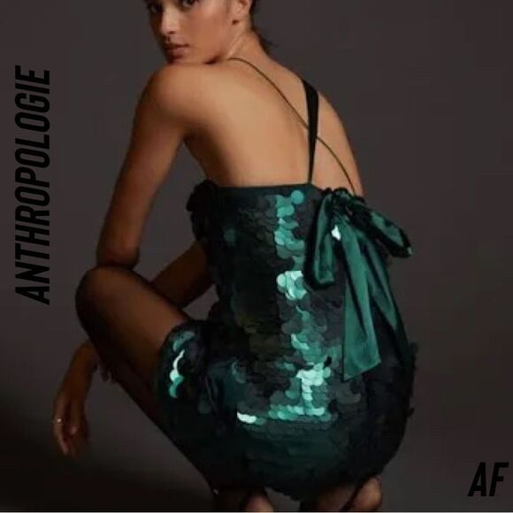 ANTHROPOLOGIE BY MAEVE ONE SHOULDER SEQUINED MINI DRESS EMERALD NEW LARGE - Picture 3 of 7
